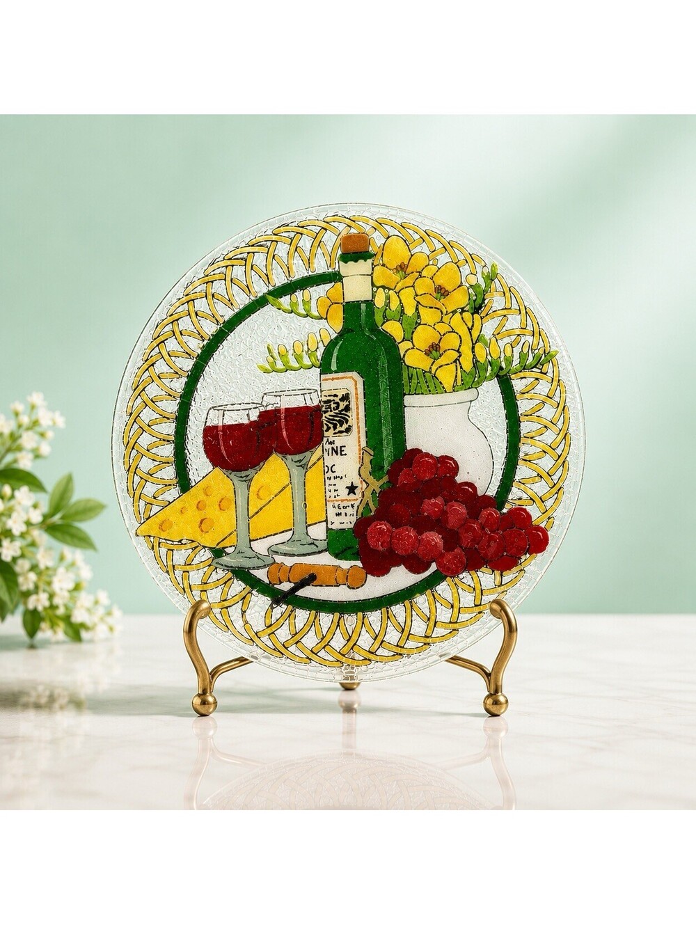 Peggy Karr 2002 Fused Art Glass Wine & Cheese Platter Plate, Signed Dated, 11”